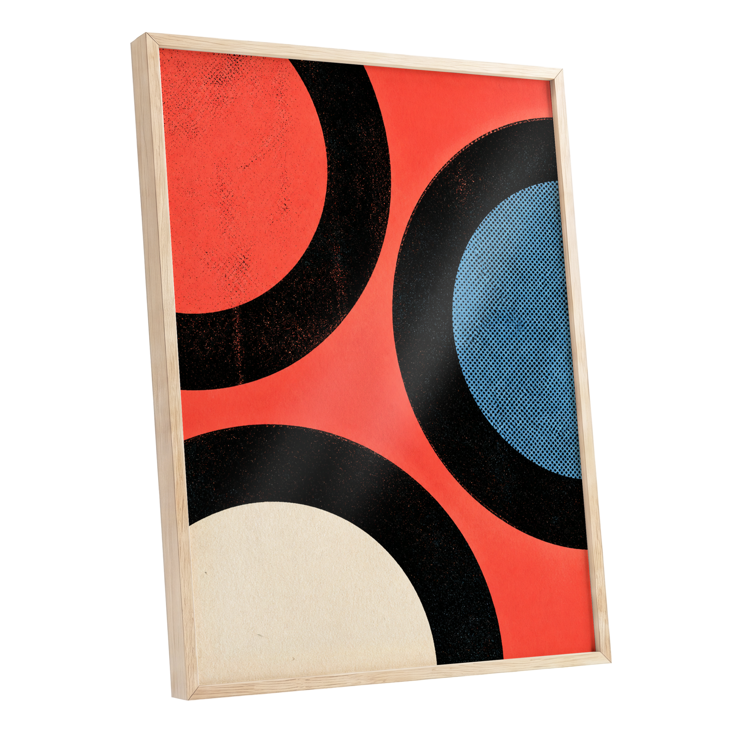 Orbit Rhythm, red, black, blue abstract wall art shown as a oak framed poster wall art print