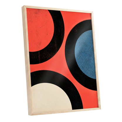 Orbit Rhythm, red, black, blue abstract wall art shown as a oak framed poster wall art print