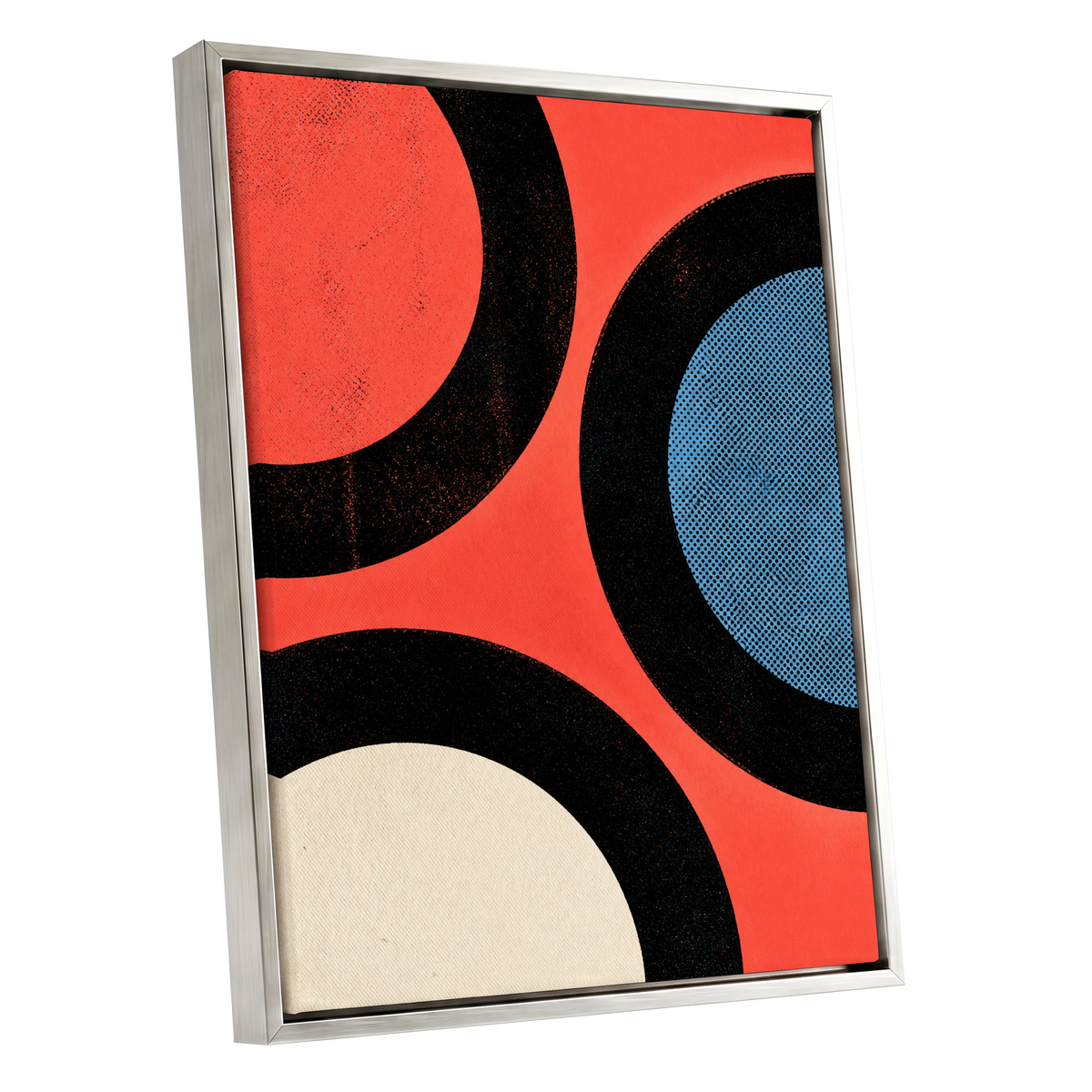 Orbit Rhythm, red, black, blue abstract wall art shown as a silver framed canvas wall art