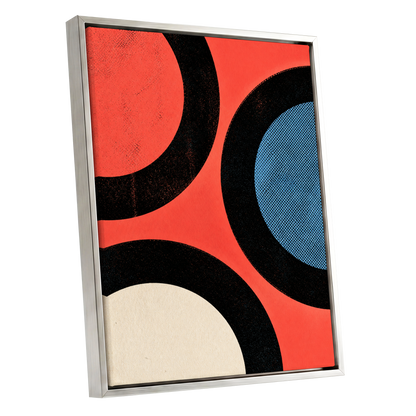 Orbit Rhythm, red, black, blue abstract wall art shown as a silver framed canvas wall art