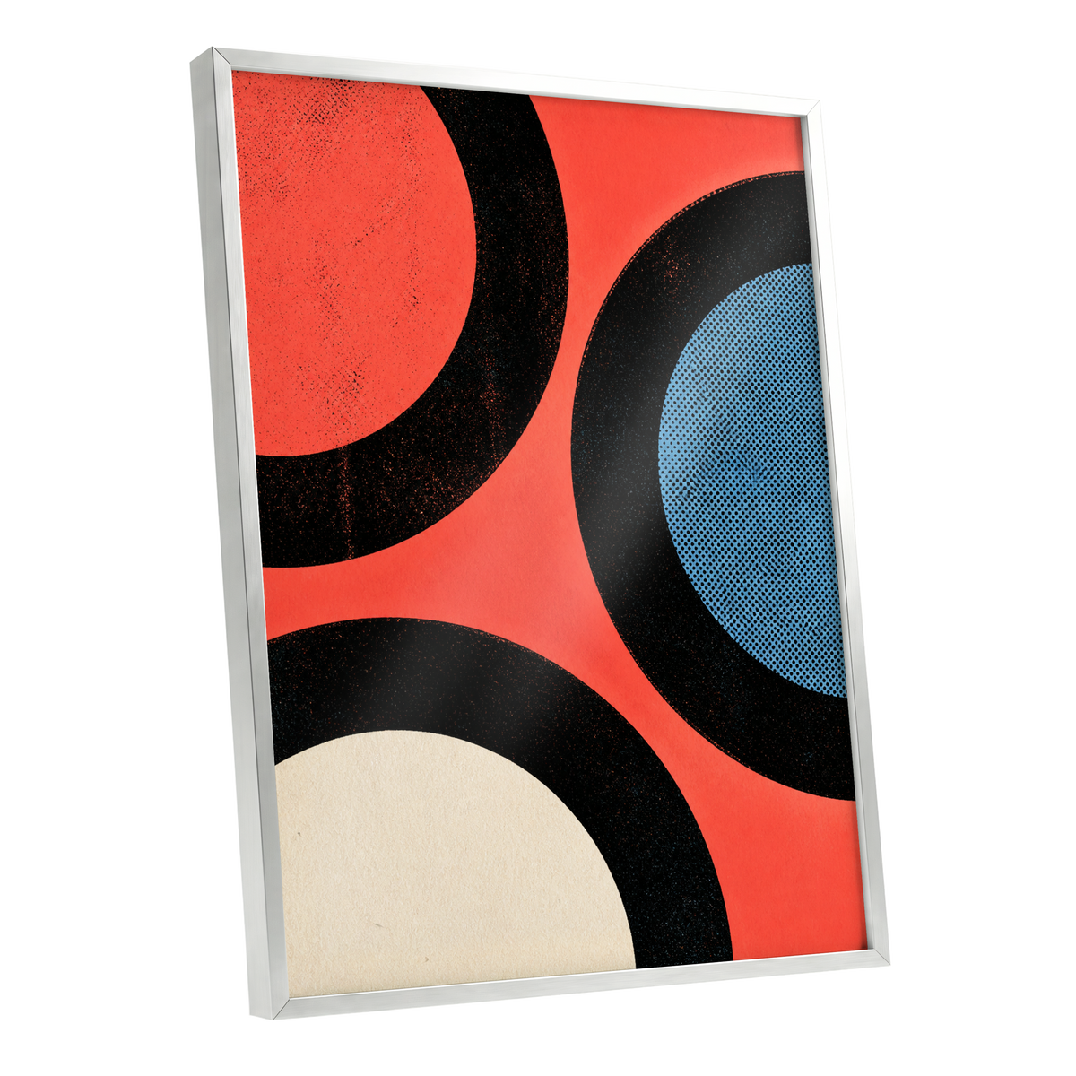 Orbit Rhythm, red, black, blue abstract wall art shown as a silver framed poster wall art print