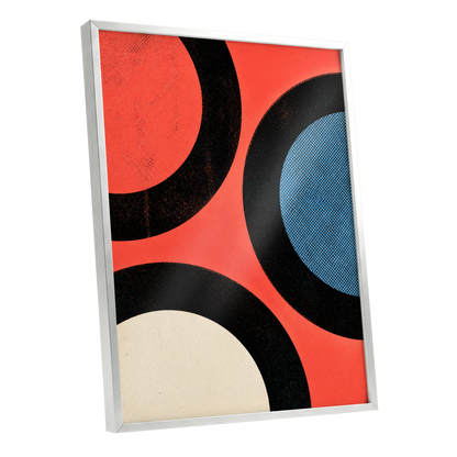 Orbit Rhythm, red, black, blue abstract wall art shown as a silver framed poster wall art print
