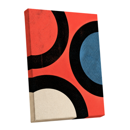 Orbit Rhythm, red, black, blue abstract wall art shown as a stretched canvas wall art