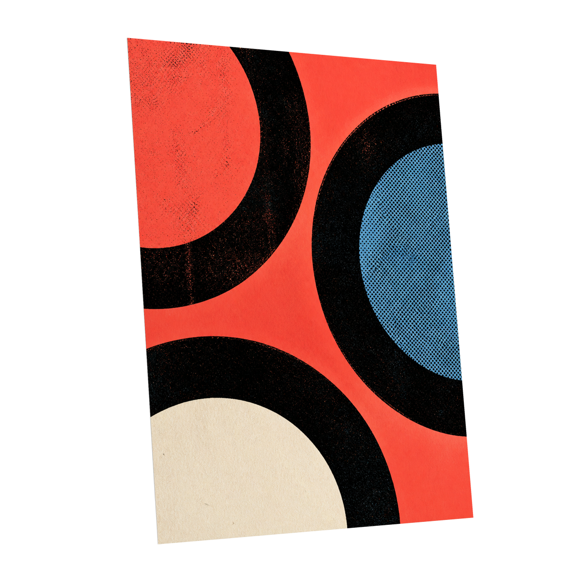 Orbit Rhythm, red, black, blue abstract wall art shown as a unframed poster wall art print