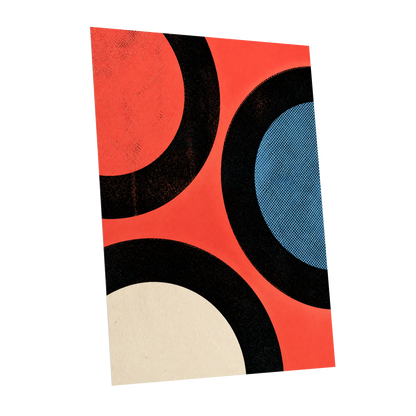 Orbit Rhythm, red, black, blue abstract wall art shown as a unframed poster wall art print
