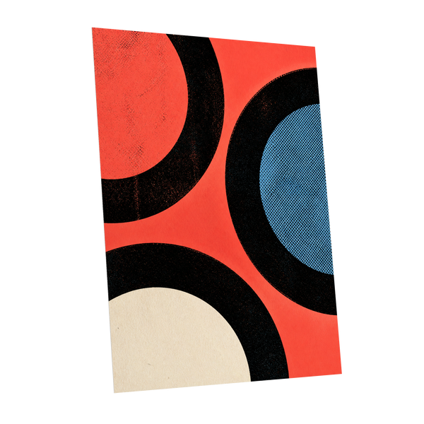 Orbit Rhythm, red, black, blue abstract wall art shown as a unframed poster wall art print