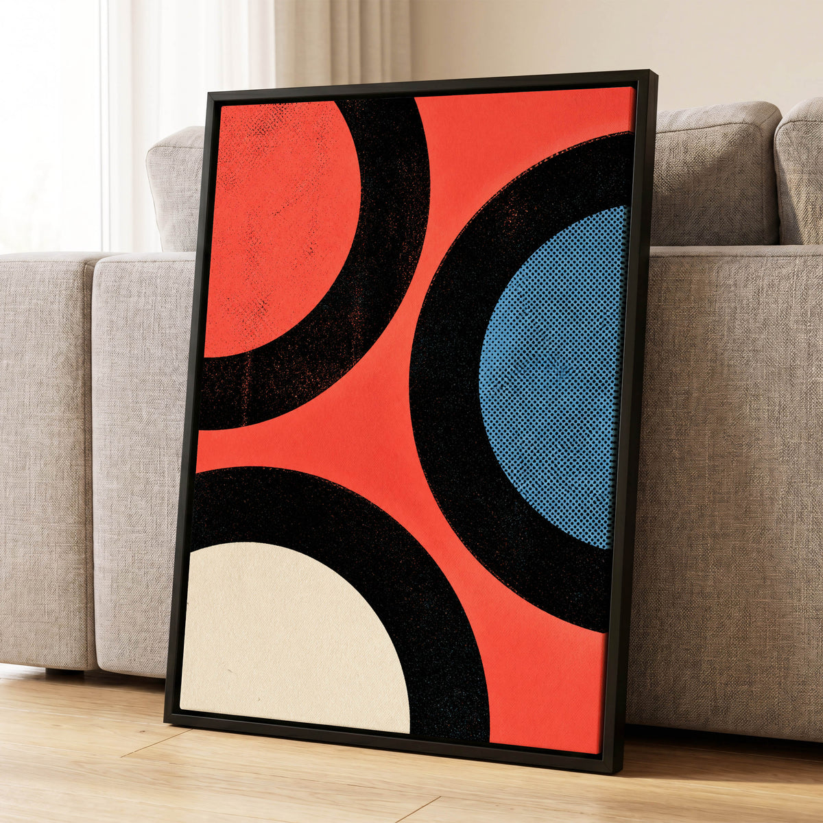 Orbit Rhythm, red, black, blue abstract wall art displayed in a styled interior, gallery view 1