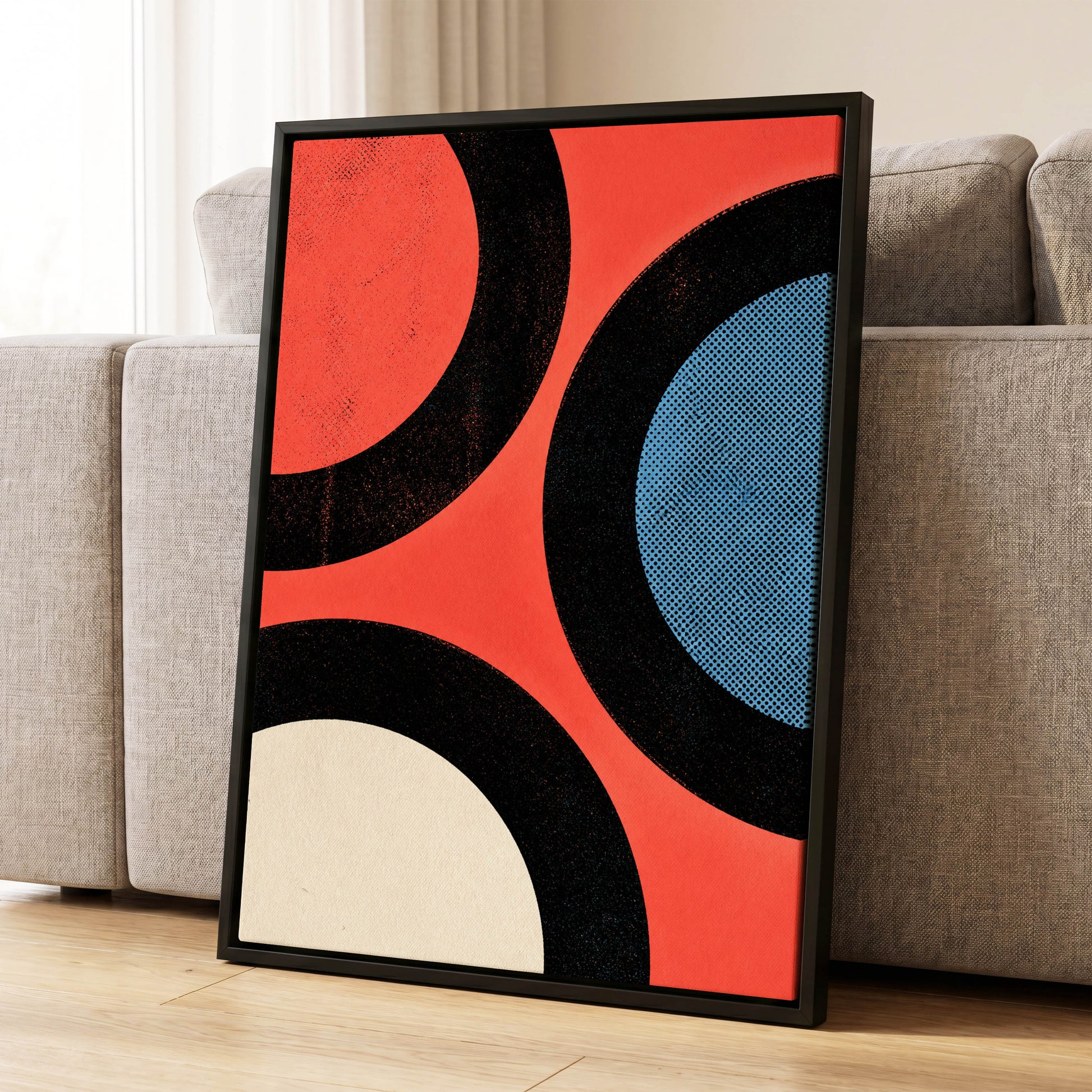 Orbit Rhythm, red, black, blue abstract wall art displayed in a styled interior, gallery view 1