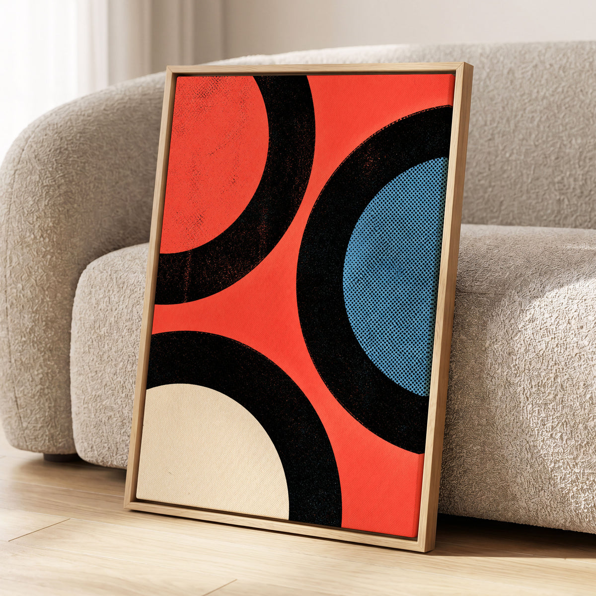 Orbit Rhythm, red, black, blue abstract wall art displayed in a styled interior, gallery view 2