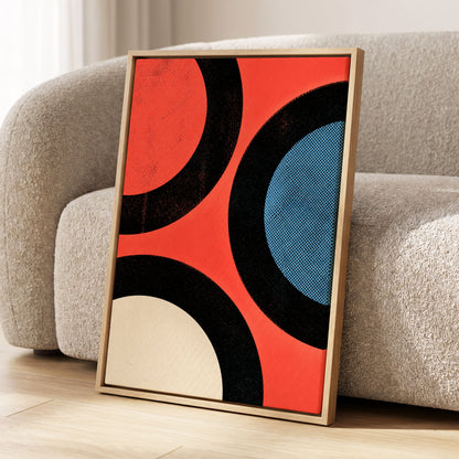 Orbit Rhythm, red, black, blue abstract wall art displayed in a styled interior, gallery view 2