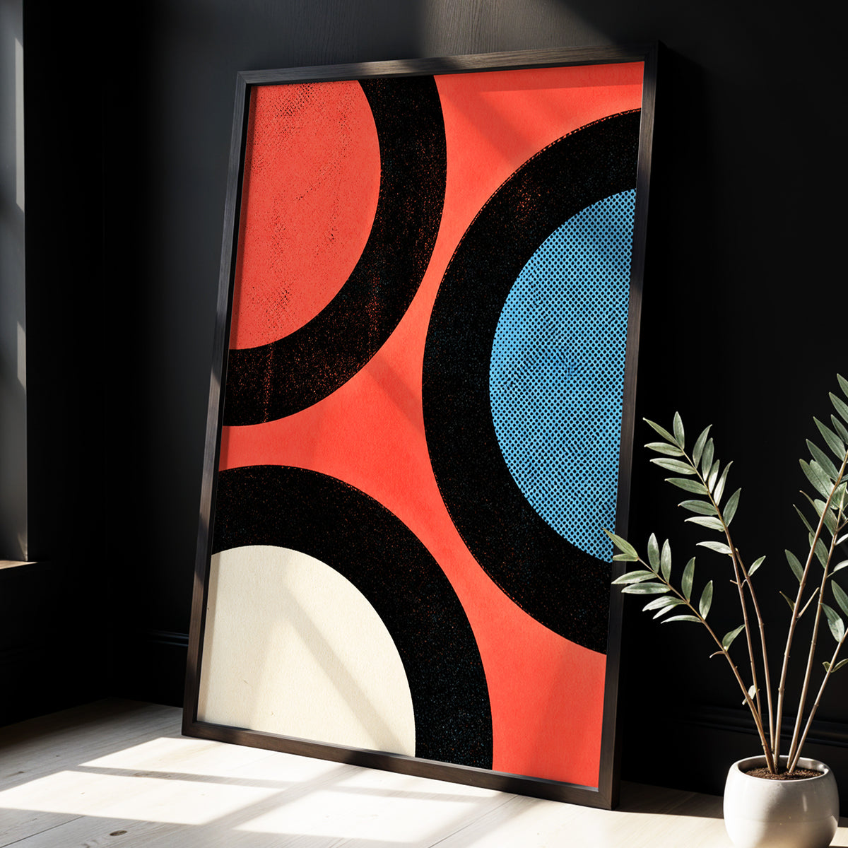 Orbit Rhythm, red, black, blue abstract wall art displayed in a styled interior, gallery view 3