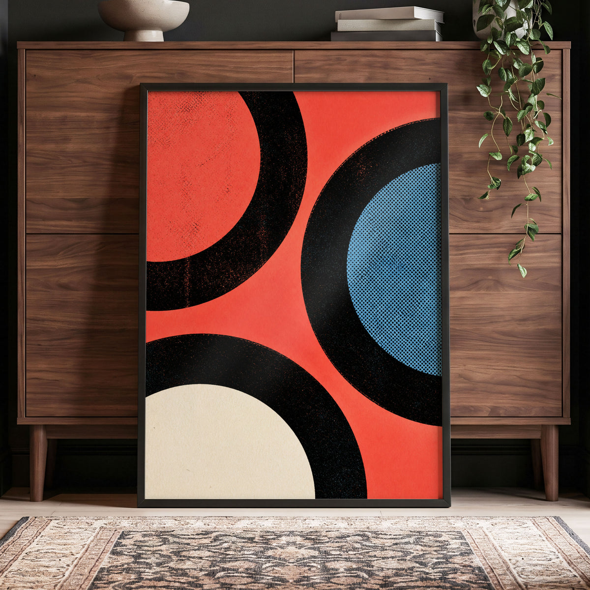 Orbit Rhythm, red, black, blue abstract wall art displayed in a styled interior, gallery view 5
