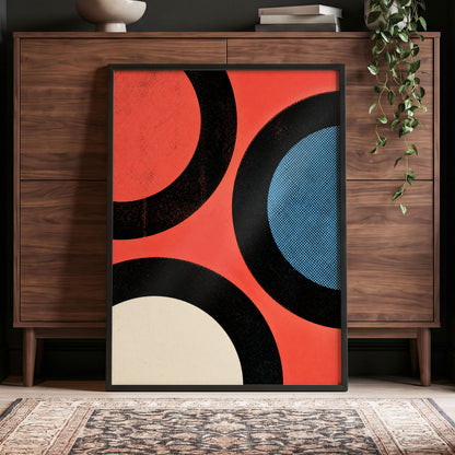 Orbit Rhythm, red, black, blue abstract wall art displayed in a styled interior, gallery view 5