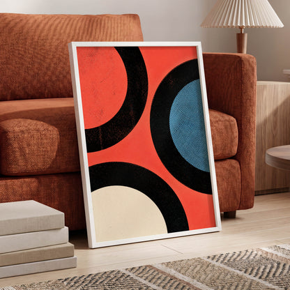 Orbit Rhythm, red, black, blue abstract wall art displayed in a styled interior, gallery view 6