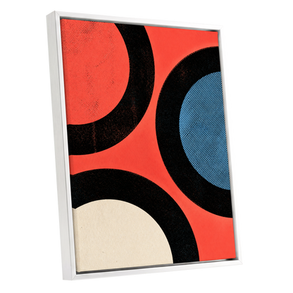 Orbit Rhythm, red, black, blue abstract wall art shown as a white framed canvas wall art