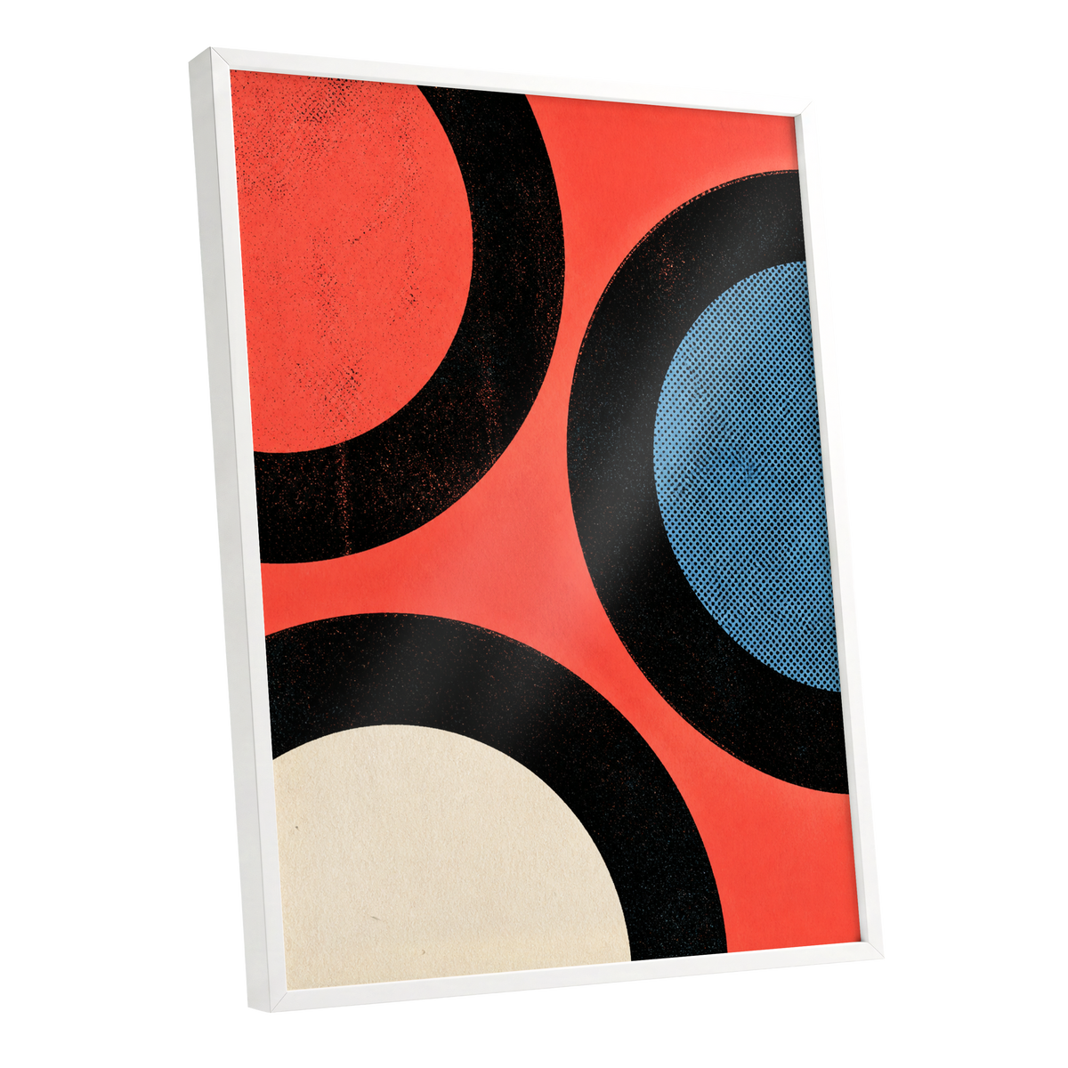 Orbit Rhythm, red, black, blue abstract wall art shown as a white framed poster wall art print