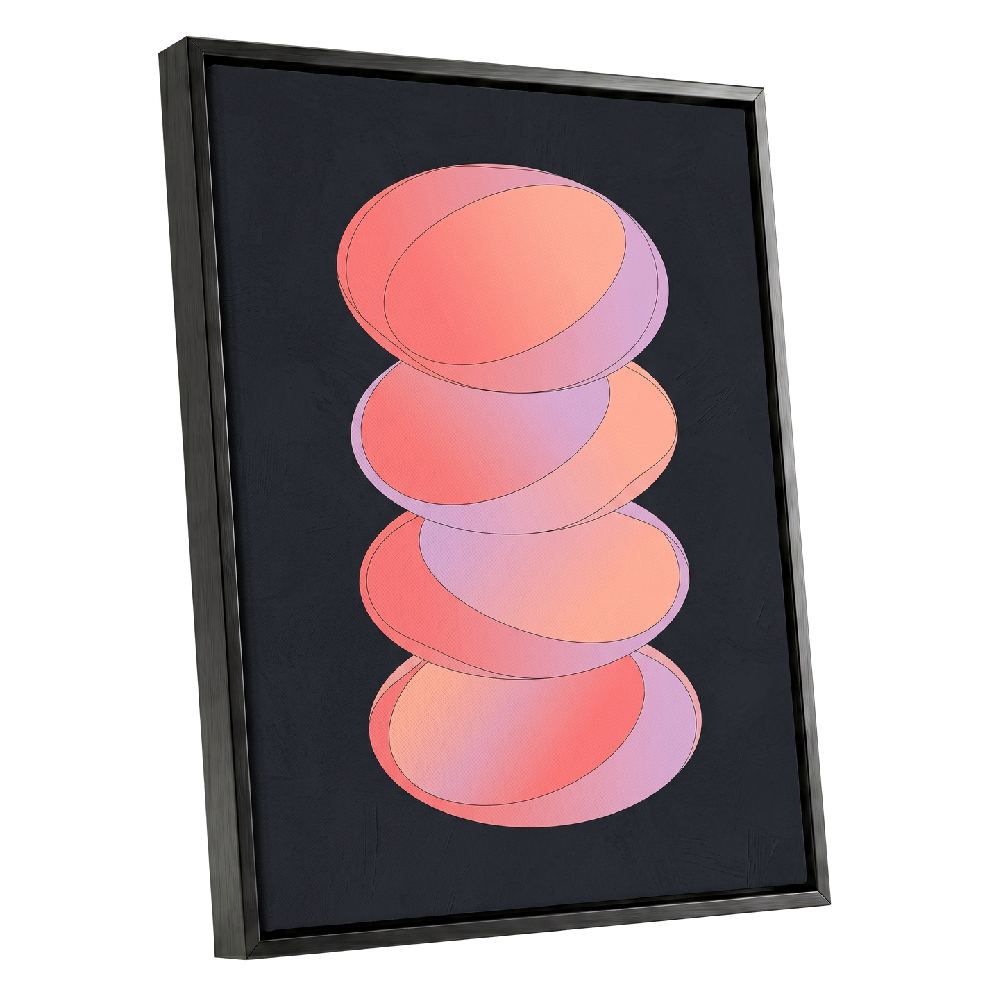 Orbit Stack, pink, black, purple abstract wall art shown as a black framed canvas wall art