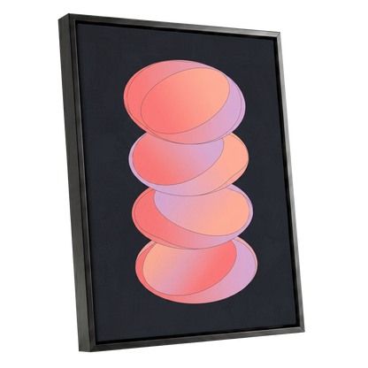 Orbit Stack, pink, black, purple abstract wall art shown as a black framed canvas wall art