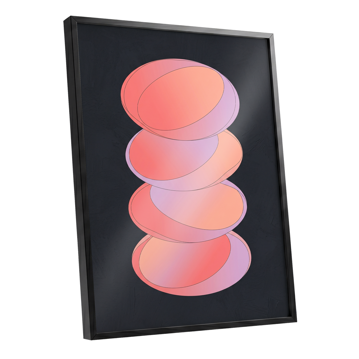 Orbit Stack, pink, black, purple abstract wall art shown as a black framed poster wall art print