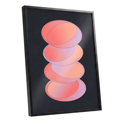 Orbit Stack, pink, black, purple abstract wall art shown as a black framed poster wall art print