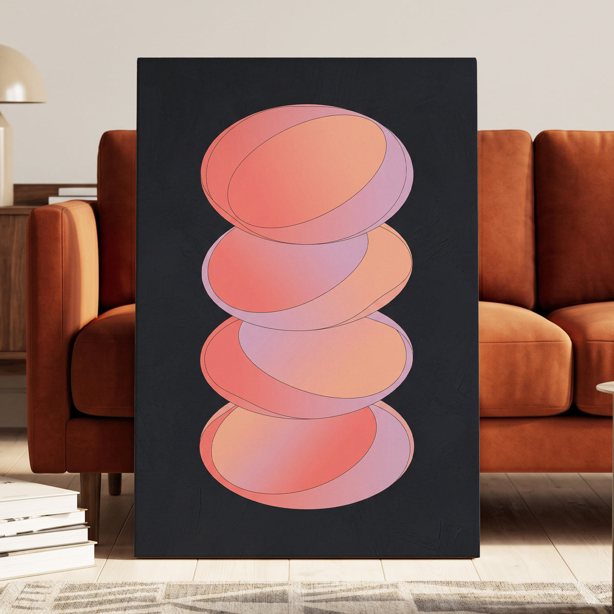 Orbit Stack, pink, black, purple abstract wall art on canvas displayed in a styled interior, gallery view 1