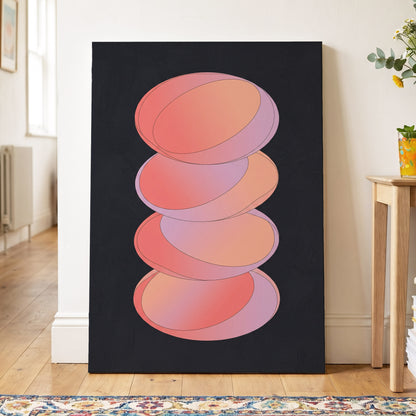 Orbit Stack, pink, black, purple abstract wall art on canvas displayed in a styled interior, gallery view 2