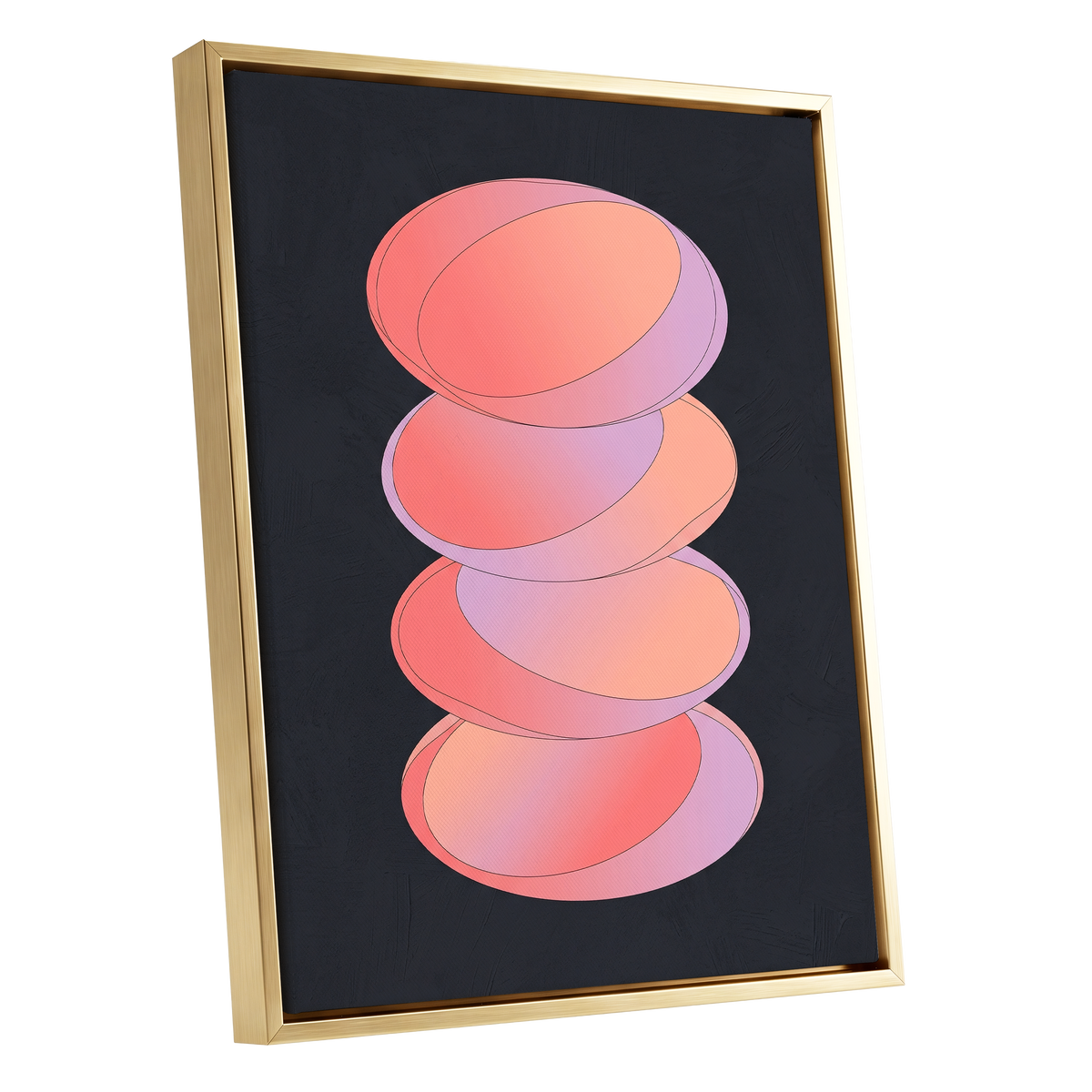 Orbit Stack, pink, black, purple abstract wall art shown as a gold framed canvas wall art