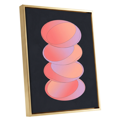 Orbit Stack, pink, black, purple abstract wall art shown as a gold framed canvas wall art