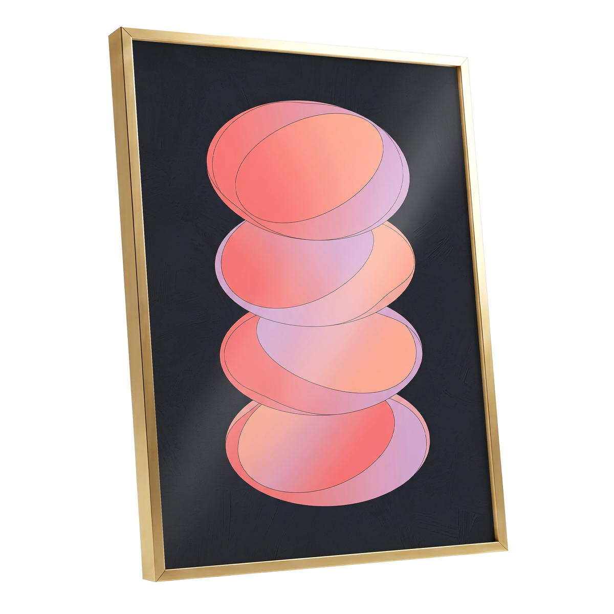 Orbit Stack, pink, black, purple abstract wall art shown as a gold framed poster wall art print