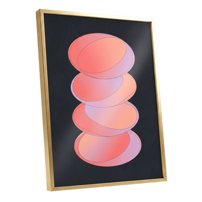 Orbit Stack, pink, black, purple abstract wall art shown as a gold framed poster wall art print