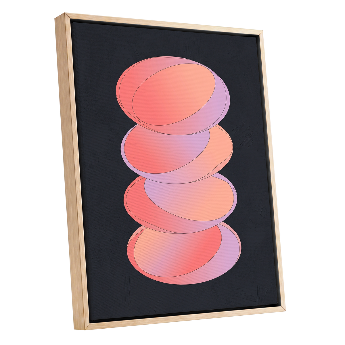 Orbit Stack, pink, black, purple abstract wall art shown as a oak framed canvas wall art