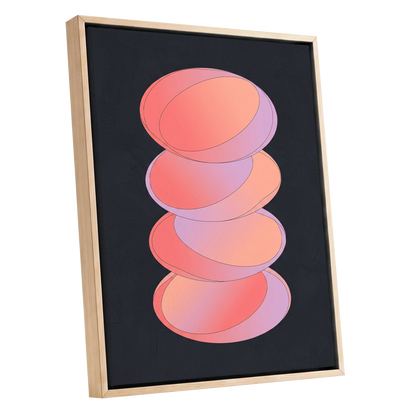 Orbit Stack, pink, black, purple abstract wall art shown as a oak framed canvas wall art
