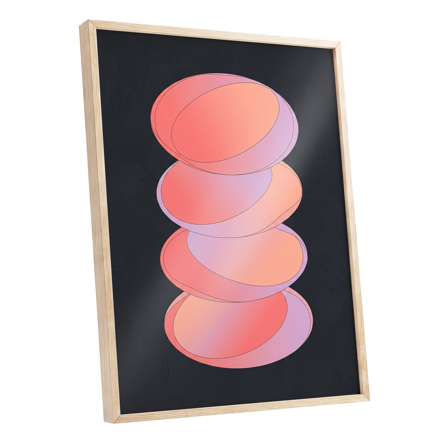 Orbit Stack, pink, black, purple abstract wall art shown as a oak framed poster wall art print