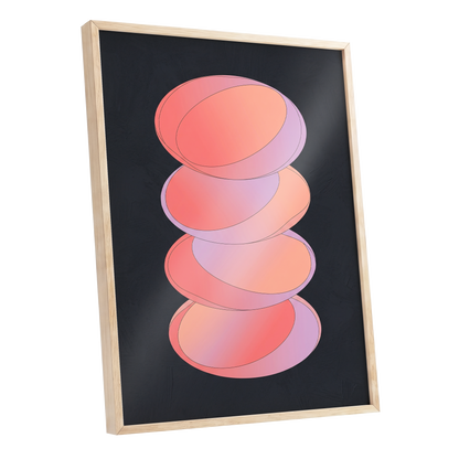Orbit Stack, pink, black, purple abstract wall art shown as a oak framed poster wall art print
