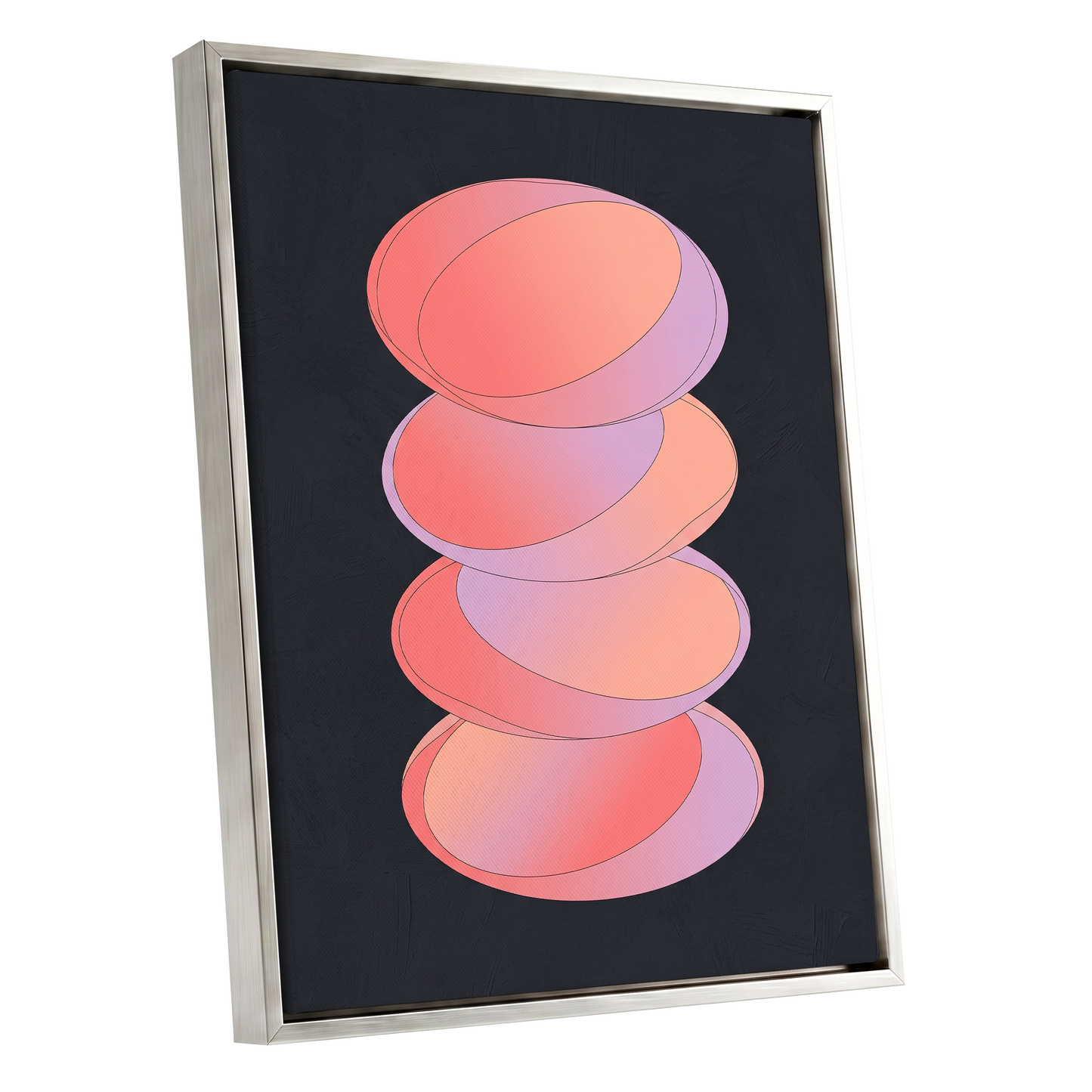 Orbit Stack, pink, black, purple abstract wall art shown as a silver framed canvas wall art