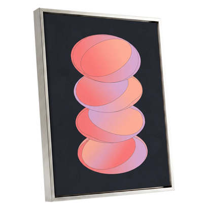 Orbit Stack, pink, black, purple abstract wall art shown as a silver framed canvas wall art