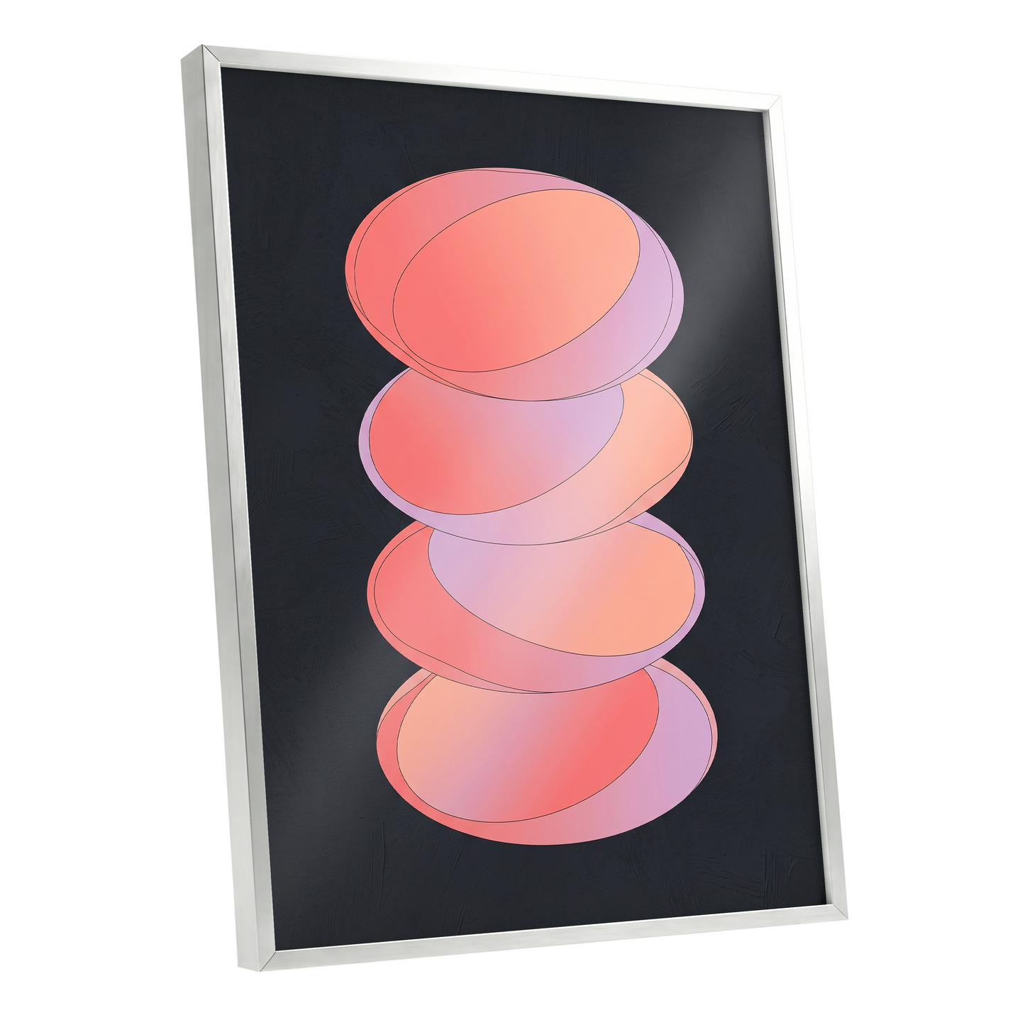 Orbit Stack, pink, black, purple abstract wall art shown as a silver framed poster wall art print