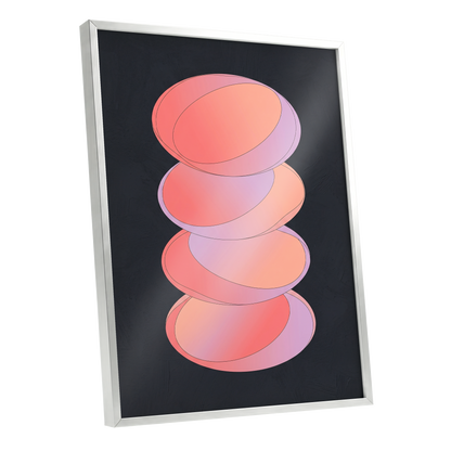 Orbit Stack, pink, black, purple abstract wall art shown as a silver framed poster wall art print