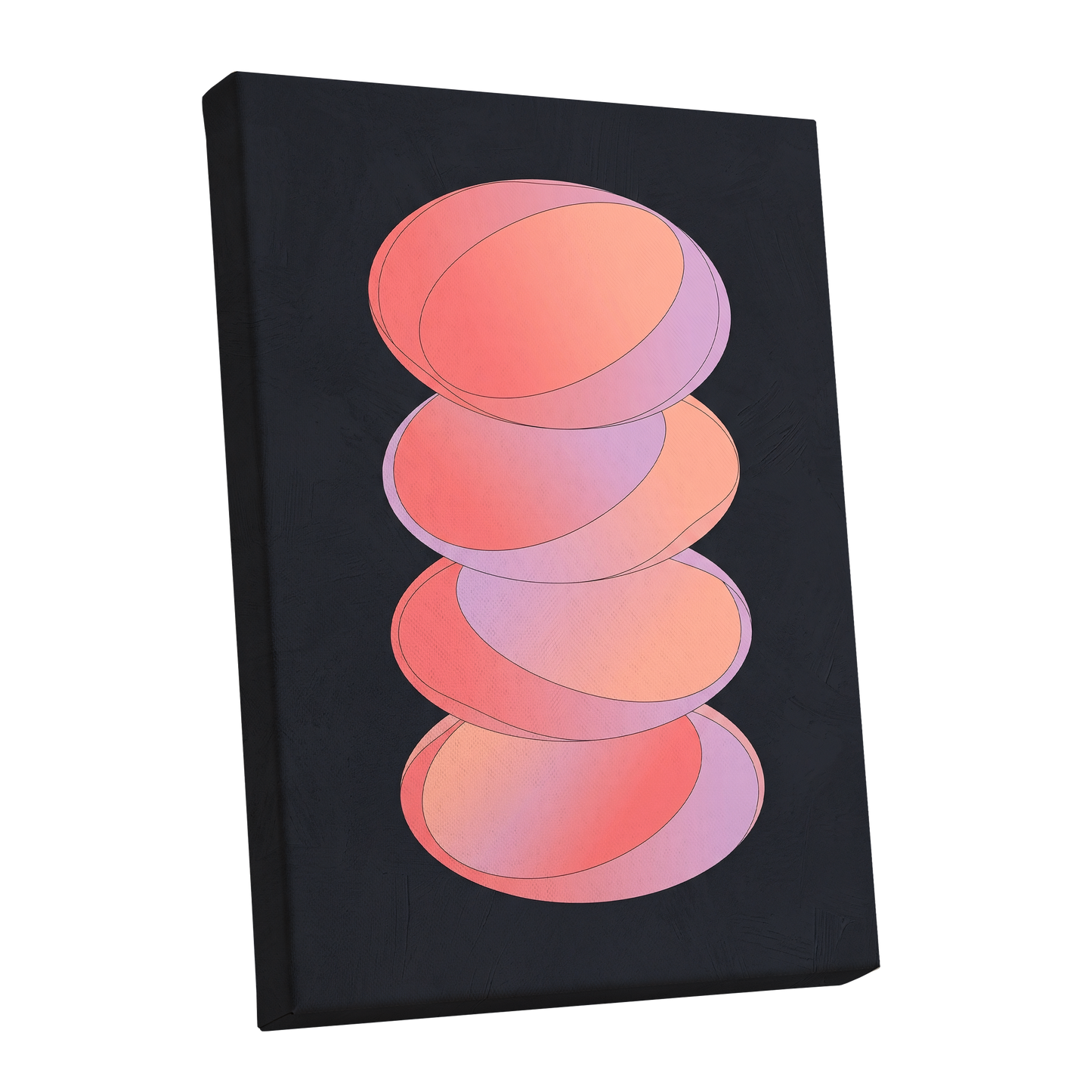Orbit Stack, pink, black, purple abstract wall art shown as a stretched canvas wall art