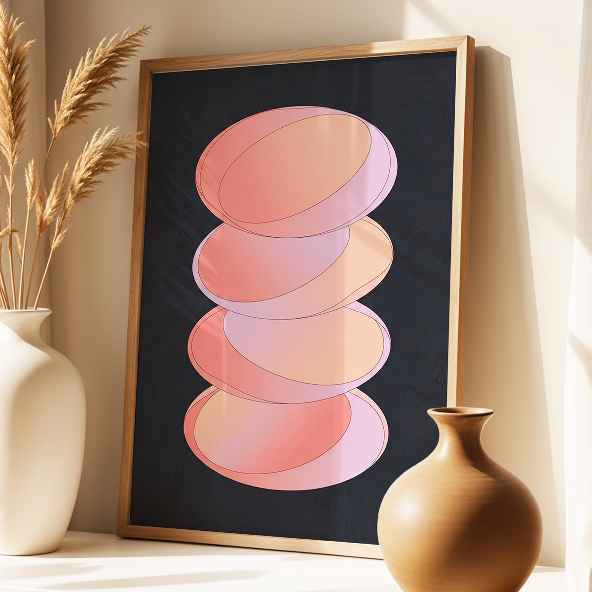 Orbit Stack, pink, black, purple abstract wall art displayed in a styled interior, gallery view 1