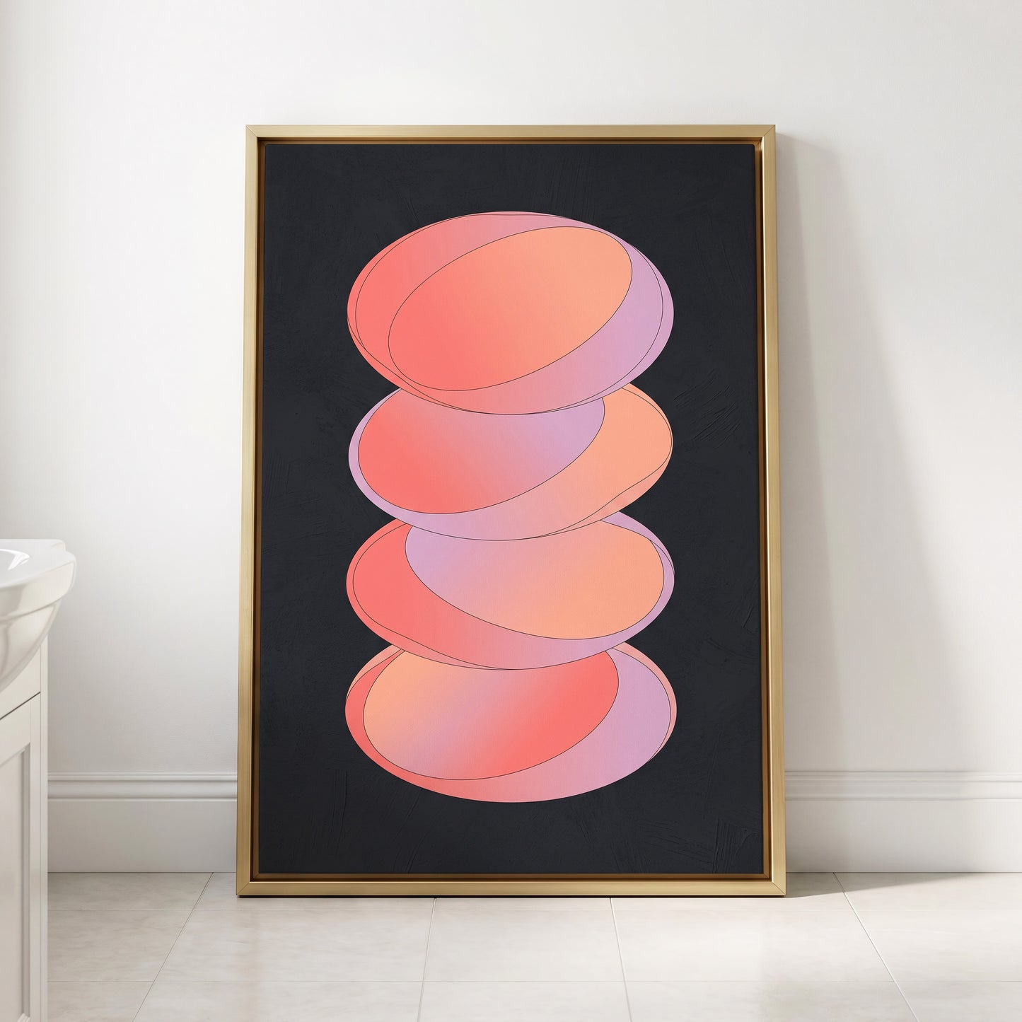 Orbit Stack, pink, black, purple abstract wall art displayed in a styled interior, gallery view 2