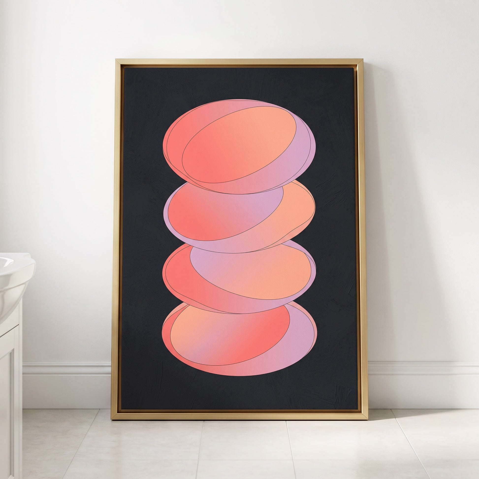 Orbit Stack, pink, black, purple abstract wall art displayed in a styled interior, gallery view 2