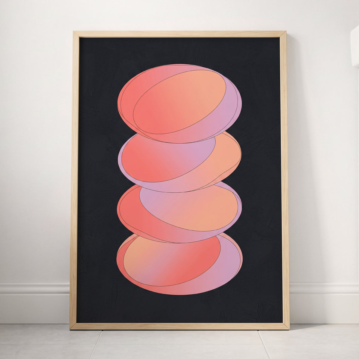 Orbit Stack, pink, black, purple abstract wall art displayed in a styled interior, gallery view 3