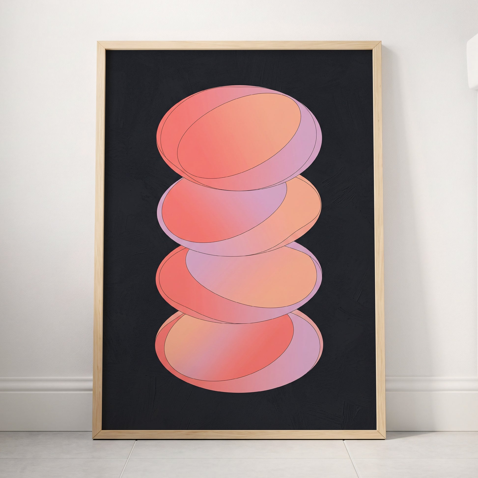 Orbit Stack, pink, black, purple abstract wall art displayed in a styled interior, gallery view 3