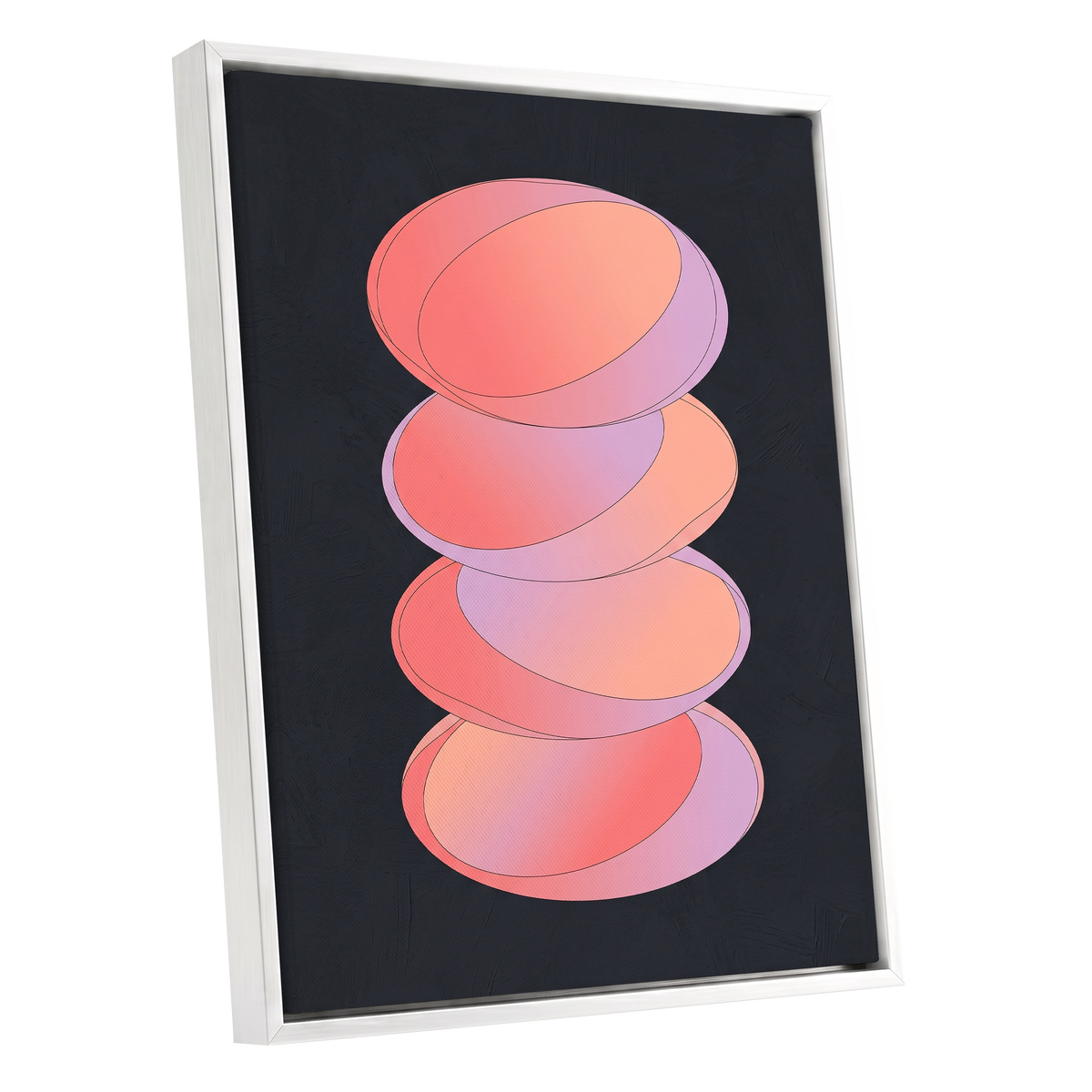 Orbit Stack, pink, black, purple abstract wall art shown as a white framed canvas wall art