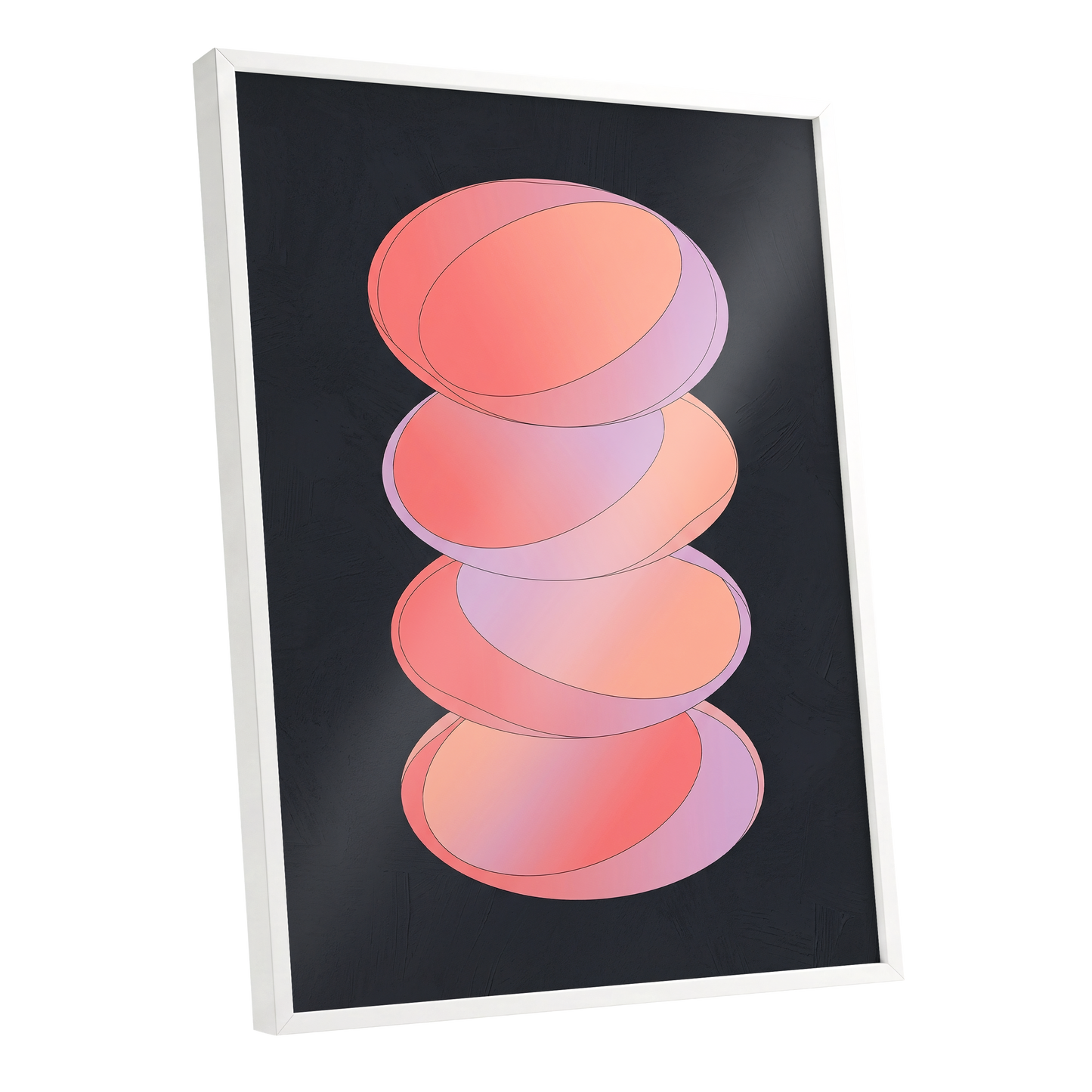 Orbit Stack, pink, black, purple abstract wall art shown as a white framed poster wall art print