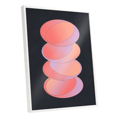Orbit Stack, pink, black, purple abstract wall art shown as a white framed poster wall art print