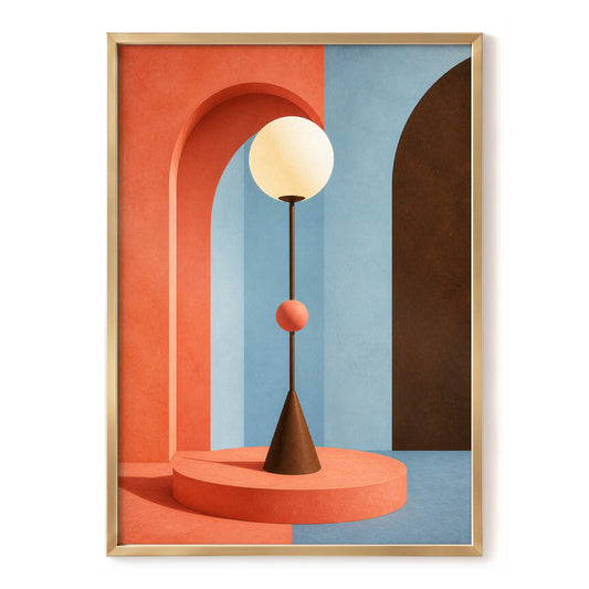 Orbital Arch, orange, blue, brown minimalist wall art, front artwork view