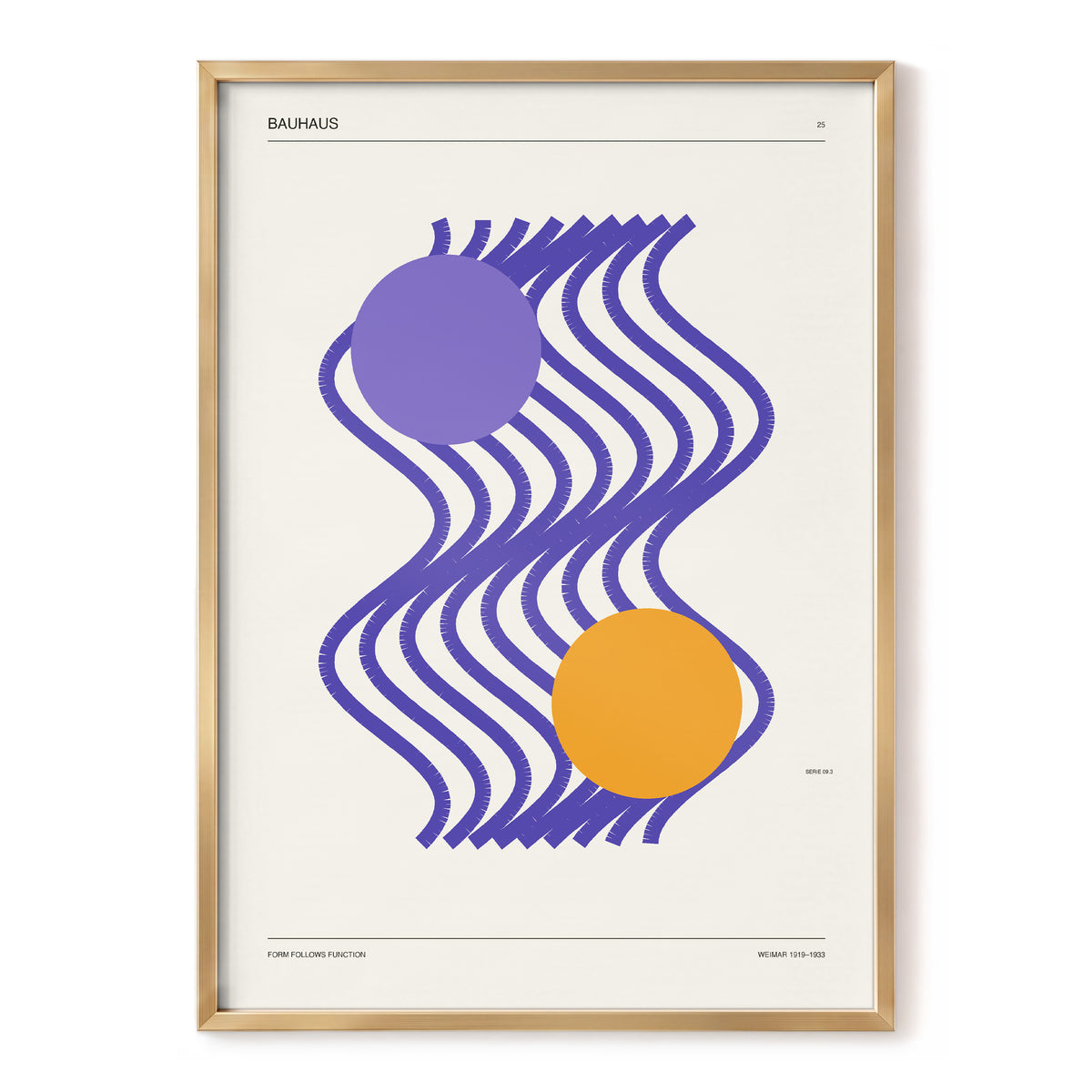 Orbiting Bauhaus Waves, beige, orange, purple abstract wall art, front artwork view