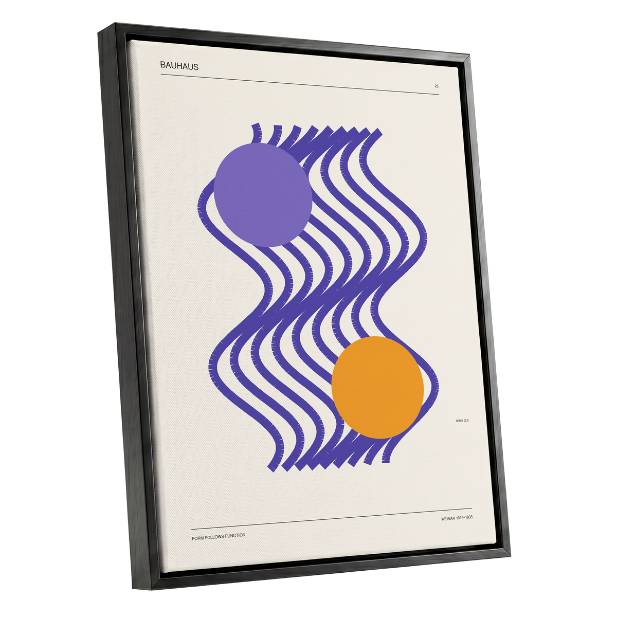 Orbiting Bauhaus Waves, beige, orange, purple abstract wall art shown as a black framed canvas wall art